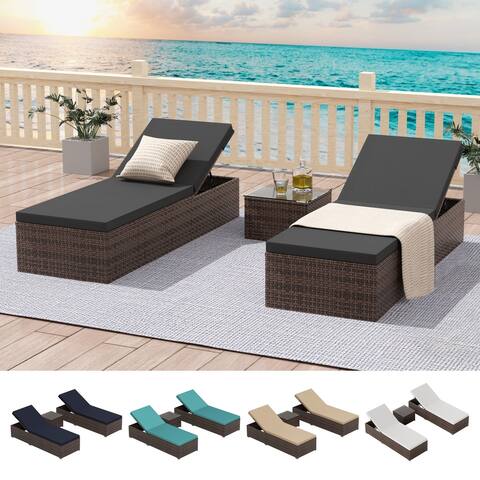 Rian 3-Piece Rattan Wicker Patio Chaise Lounge Set with 6 Positions, Cushions, & Table