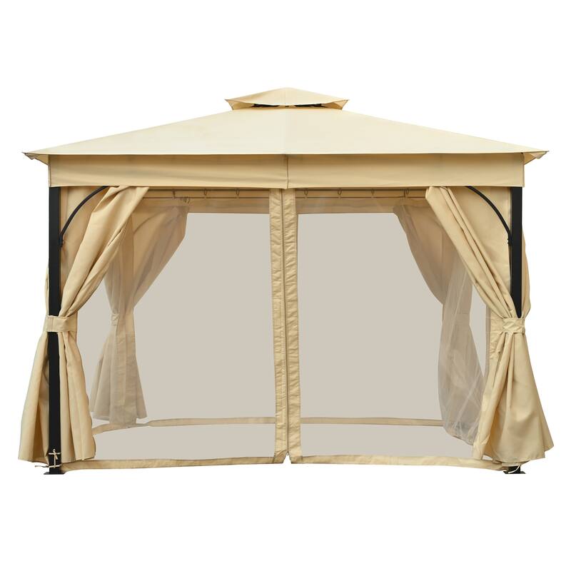 10x12 Outdoor Gazebo Tent with Double Roofs, Patio Gazebo with Mosquito Netting and Privacy Screens
