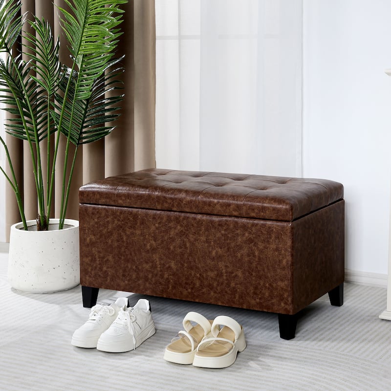 Adeco Rectangular Storage Ottoman Faux Leather Bench Lift-top Footrest - Coffee-Faux-Leather