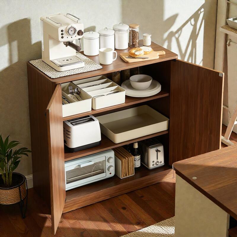 31.5 Inch Modern Wavy Sideboard Cabinet, 2 Door Curved Storage Console with Wood Grain Top