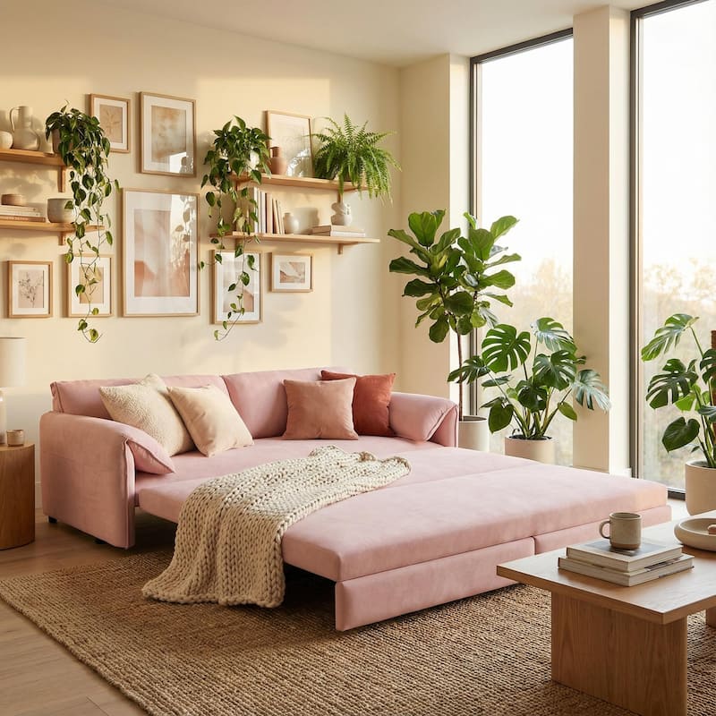 Homy Casa 66" Queen Pull-Out Sofa Bed with Storage, Velvet Loveseat - Pink