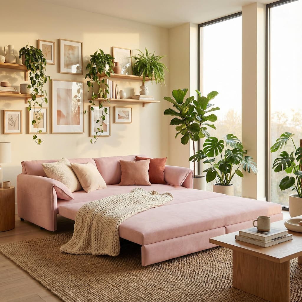 Homy Casa 66" Queen Pull-Out Sofa Bed with Storage, Velvet Loveseat