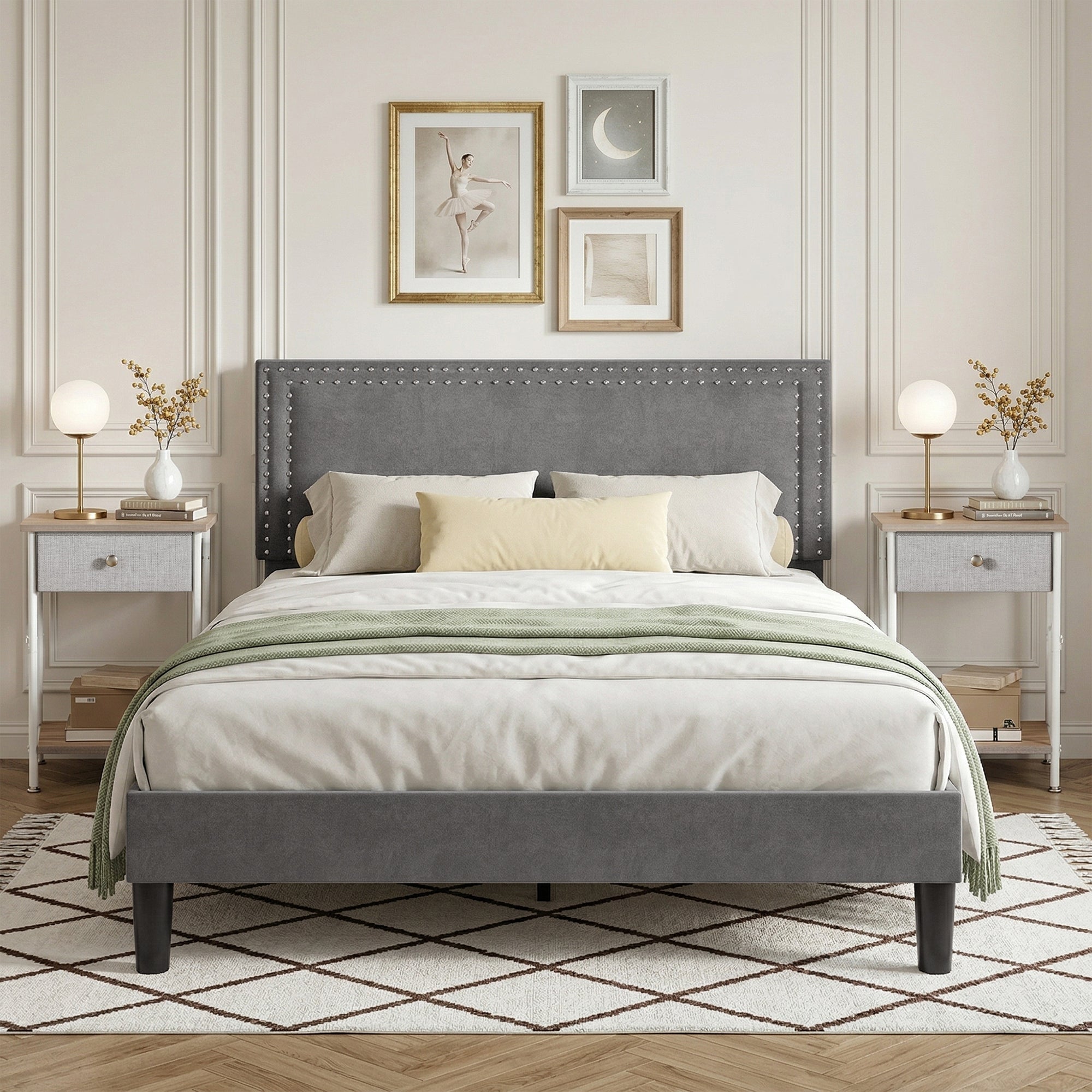 3 Piece Bedroom Set Bed Frame with Adjustable Height Headboard, 2 Industrial Nightstands with Removable Fabric Drawer