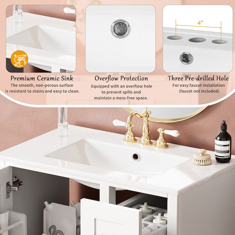 30" Bathroom Vanity with Ceramic Sink, Soft-Close Door, 3 Drawers, Rubberwood Frame, MDF Panels