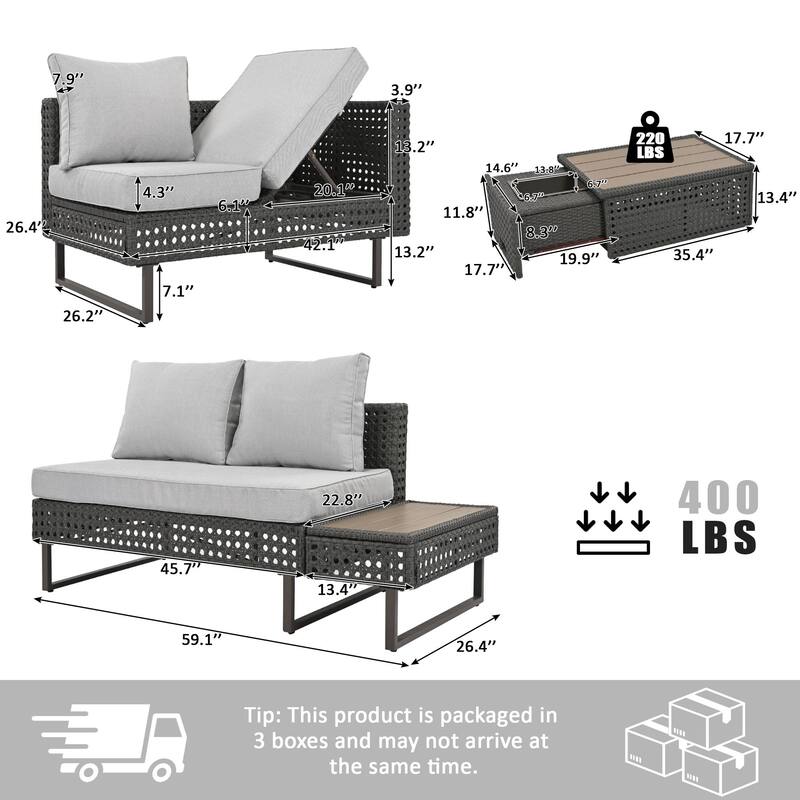 Outdoor 6-Piece Rattan Sectional Sofa Set with Adjustable Seat & Ice Bucket Table