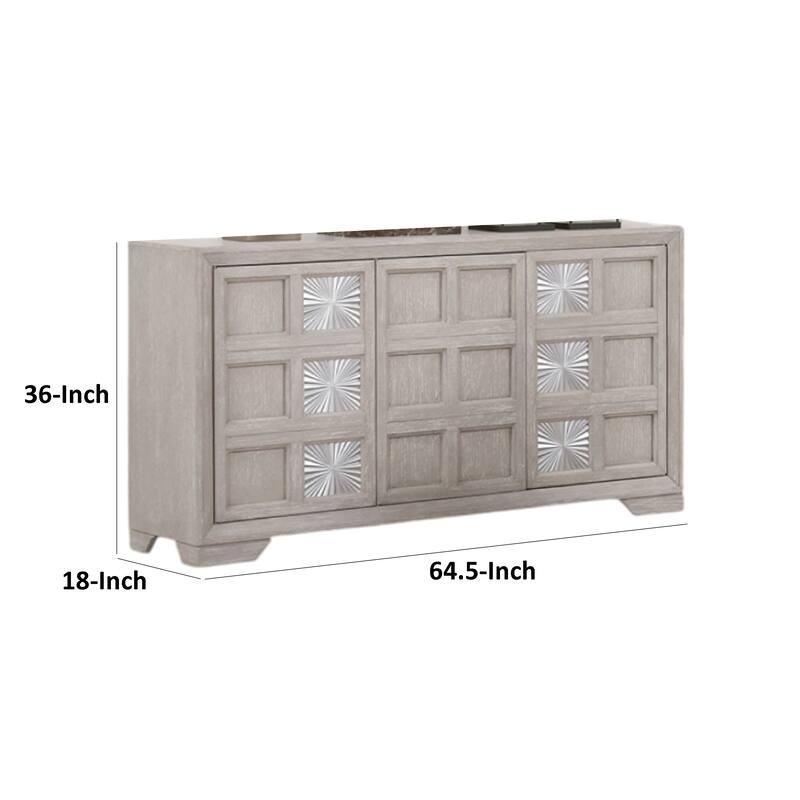 Diaz Sideboard Buffet Console, 3 Doors, Sunburst Pattern, Light Gray