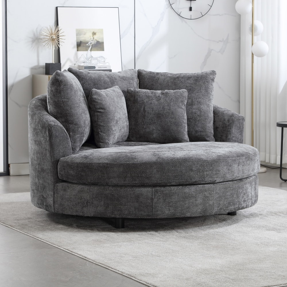 Modern Sofa Chair Round Accent Barrel Chair With 5 Pillows and Storage Ottoman