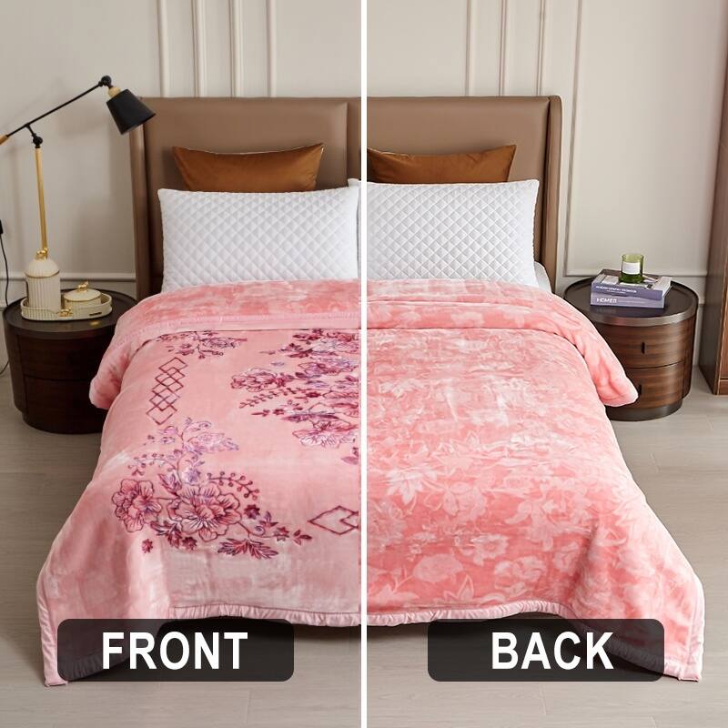 Luxury Heavy Thick Plush Blanket 2 Ply A&B Disign For Winter - King-85"x95" - Pink Flower