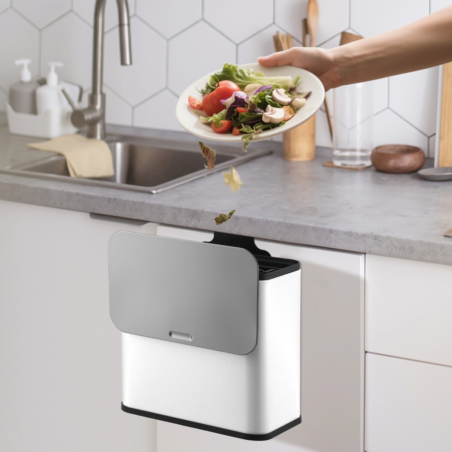 Kitchen Compost Bin for Countertop or Under Sink, 1.3 Gallon Stainless Steel Hanging Trash Can