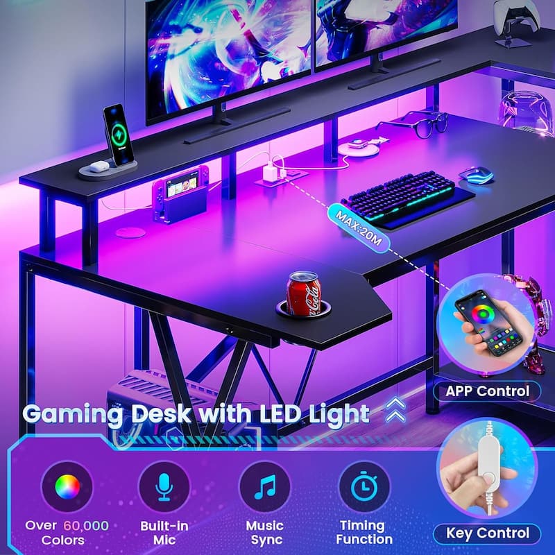 PC Gaming Desk Power Outlets Computer Desk LED Lights Storage Shelves