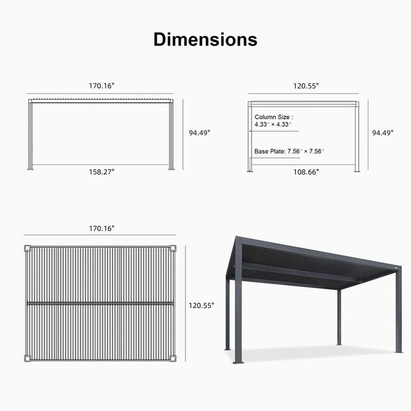 PURPLE LEAF Gray Louvered Pergola Outdoor Aluminum Pergola with Adjustable Roof for Patio Grey Hardtop Gazebo