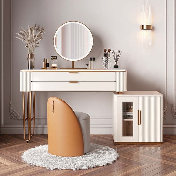Modern Makeup Vanity Set, Dressing Table, LED Lighted Mirror, Soft Leather  Stool, Solid Wood Drawers, For Bedroom, White, 39'' - Bed Bath & Beyond -  36830921