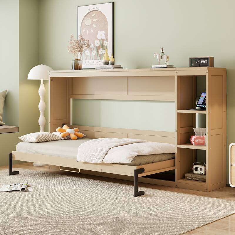 Twin Size Murphy Bed with Bookshelf - Natural