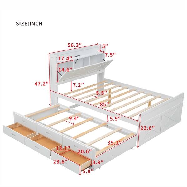 dimension image slide 2 of 4, Platform Bed Frame with Storage Headboard, Trundle & Charging Station, Wood Captain Bed with 3 Drawers, Low Profile Bed