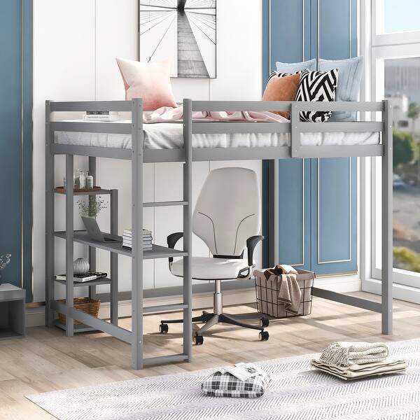 slide 2 of 12, Full Size Pine Wood Loft Bed with Built-in Desk and Shelves for Kids, Boys and Girls, Bedroom Gray