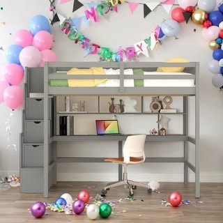 Full Size Loft Bed with Built-in Desk, Bookshelves and Storage Staircase