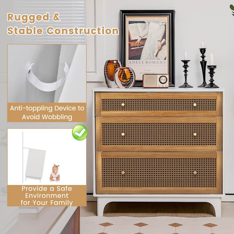 Costway 3-Drawer Rattan Dresser Modern Closet Chest Storage Cabinet