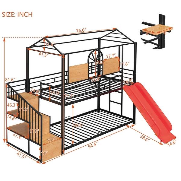 House-shaped Metal Bunk Bed wHouse Roof Frame, Twin Over Twin Bed, Storage Stair, Red Slide for Children Playhouse Bed, Black