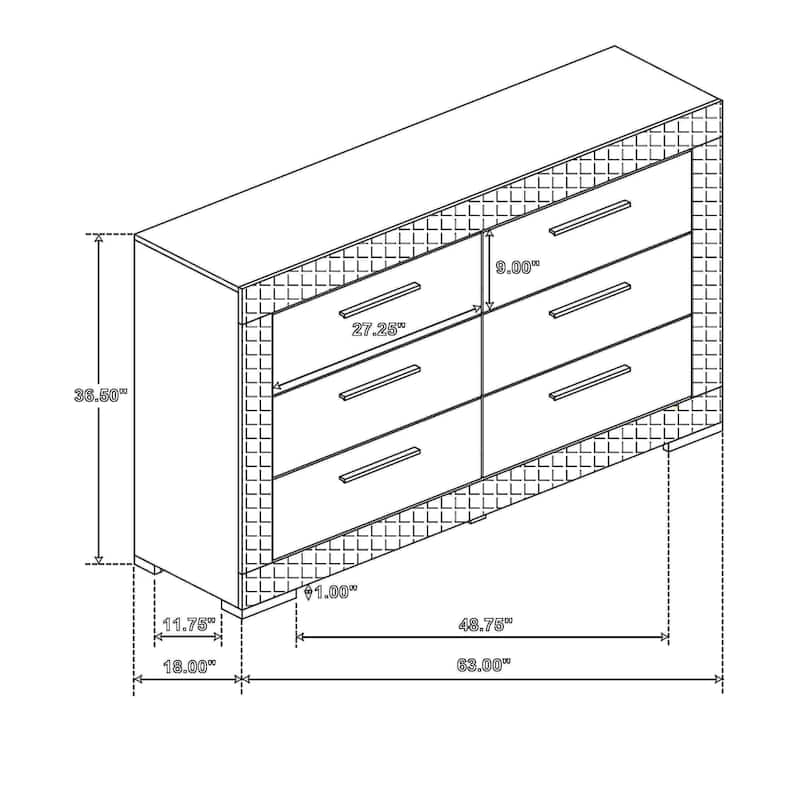 Ivon Wide Dresser, 6 Drawers, Modern Glossy White Solid Hardwood