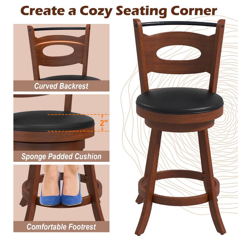 Gymax Set of 4 Swivel Bar Stools Dining Chairs Rubber Wood Leather