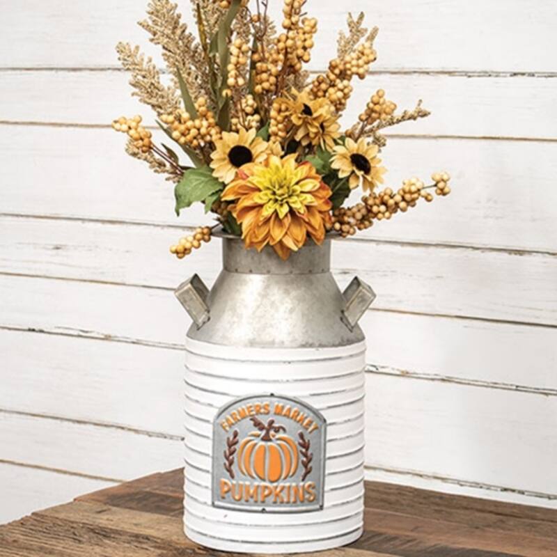 Distressed Ribbed Metal Farmers Market Pumpkins Milk Can Decor