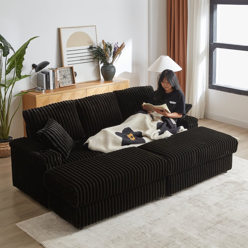 Roomfitters 84" Corduroy 3-Seater Sofa, Deep Seat Couch with 2 Ottomans, Storage, Cup Holders, 3 Back and 2 Toss Pillows