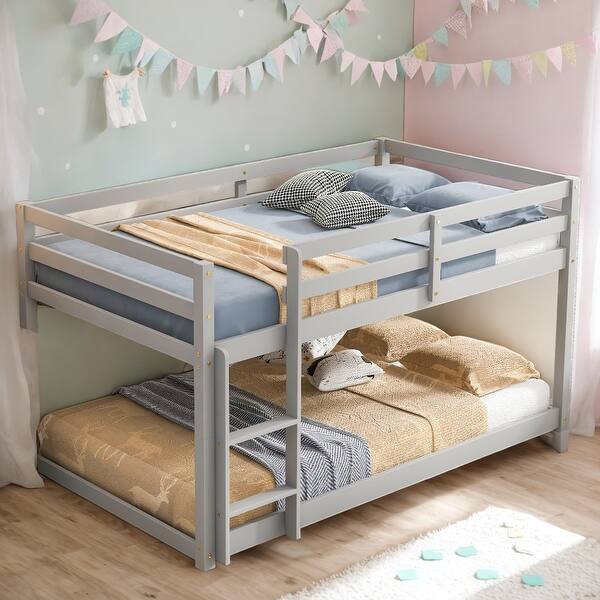 slide 2 of 63, Stylish Twin Over Twin Floor Bunk Bed with Low Height Design for Kids' Safety, Spacious Grey Pine Wood Construction Gray
