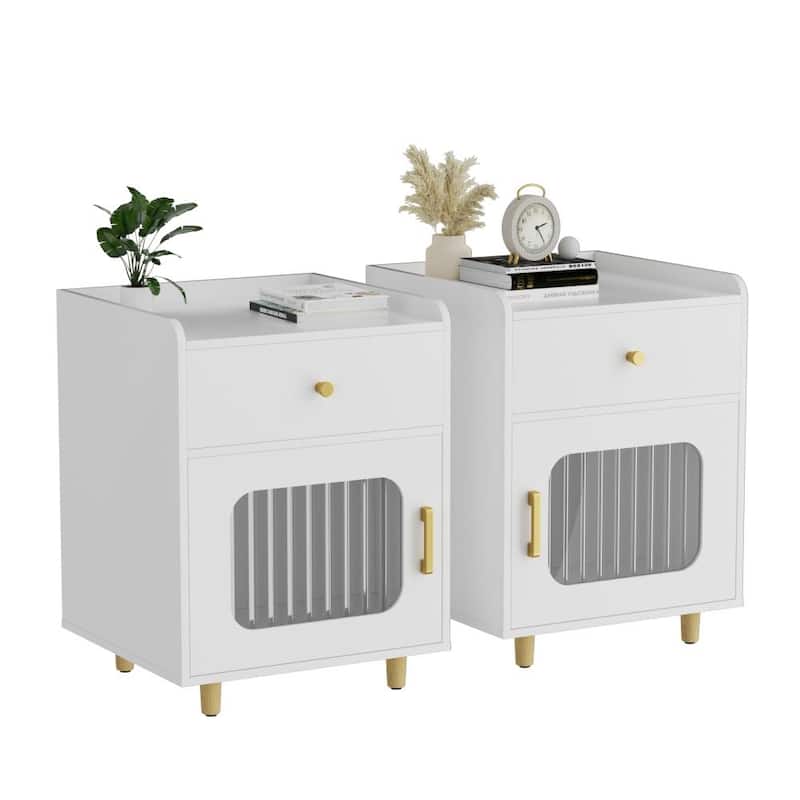 White Wooden Nightstand End Table w Drawer and Glass Door for Bedroom - Aqua
