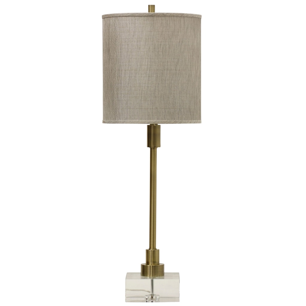 Harp & Finial Lenox 1-light Gold Plating Table Lamp with Crystal Base - Taupe Hardback Fabric Shade