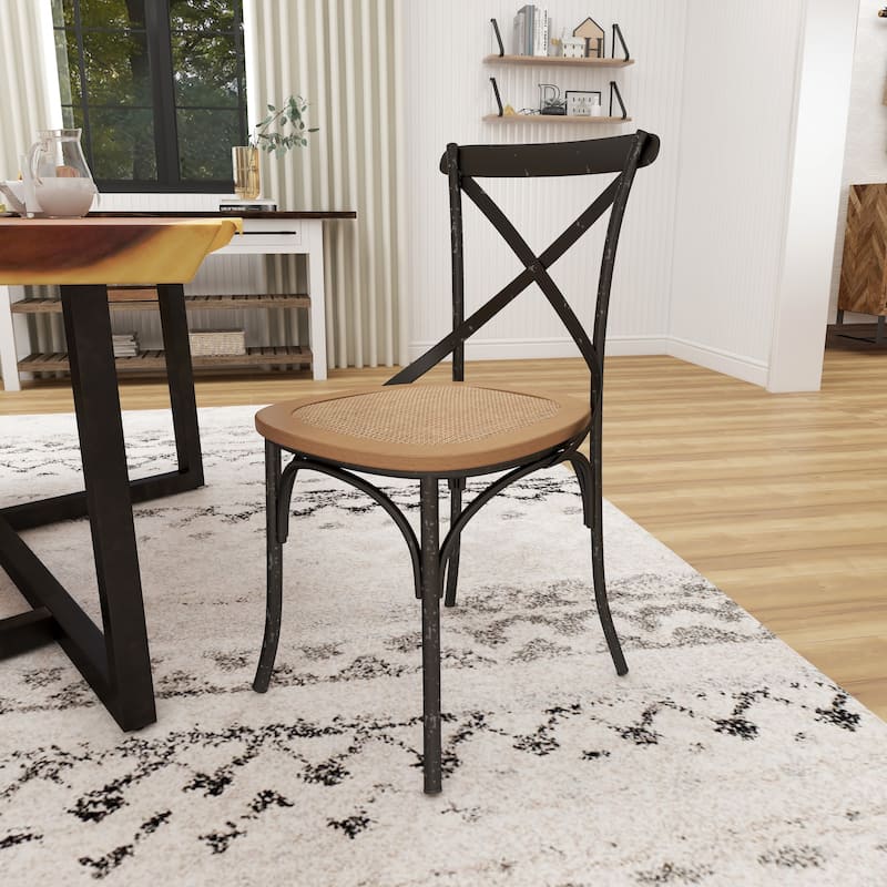 Metal Dining Chair with Brown Rattan Seat with or without Curved Details - Set of 2 Black or White - Roche River Decor