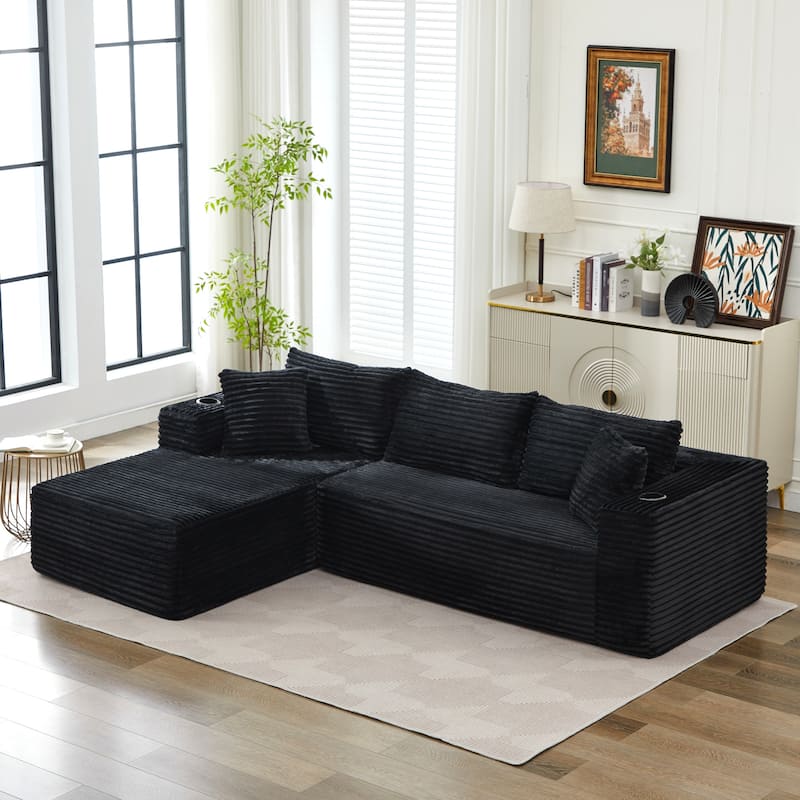 Upholstered L-Shaped Sectional Sofa Couch Chaise with Cupholders, No Assembly Required - Black