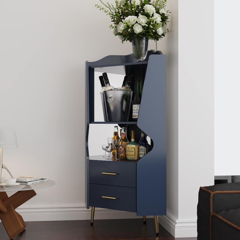 GDFStudio - Elowen Wood Corner Mirrored Back Sideboard with 2 Storage Shelves and 2 Drawers