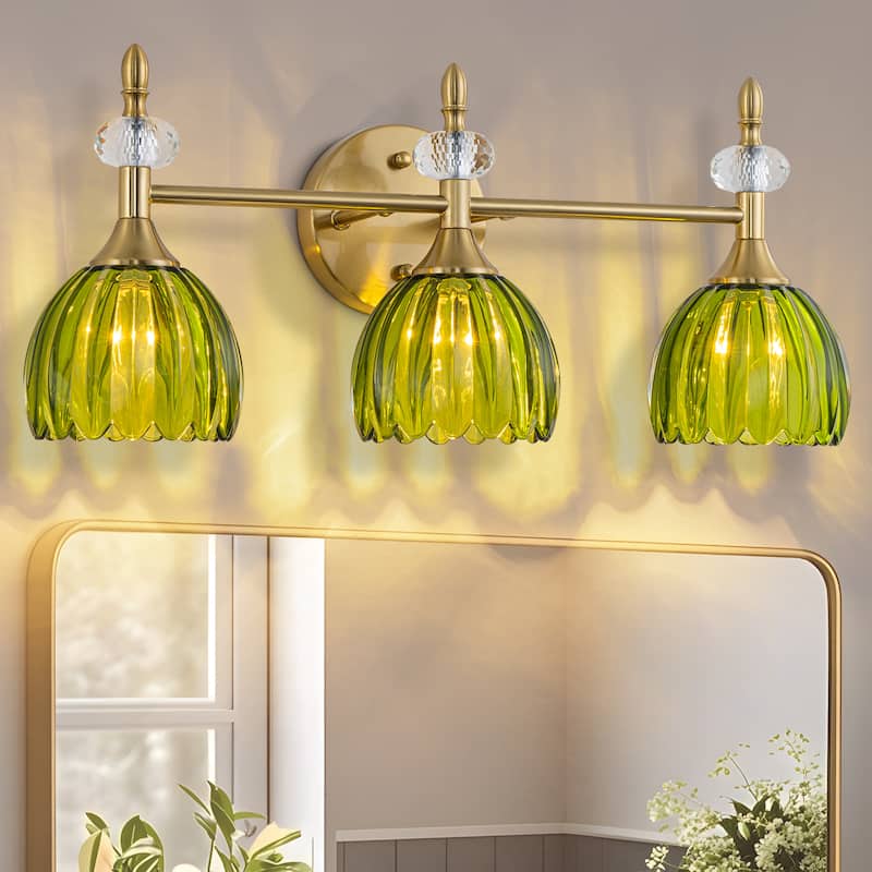 Starsky 3-Light Tulip-Inspired Floral Wall Sconce with Green or Amber Glass Shades, for Bathroom, Bedroom, Hallway - Green