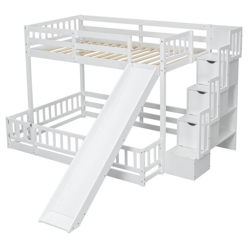 Twin Over Full Multifunctional Kids Bunk Bed Frame with Slide, Wooden Loft Bed with Storage Staircase and Guardrails