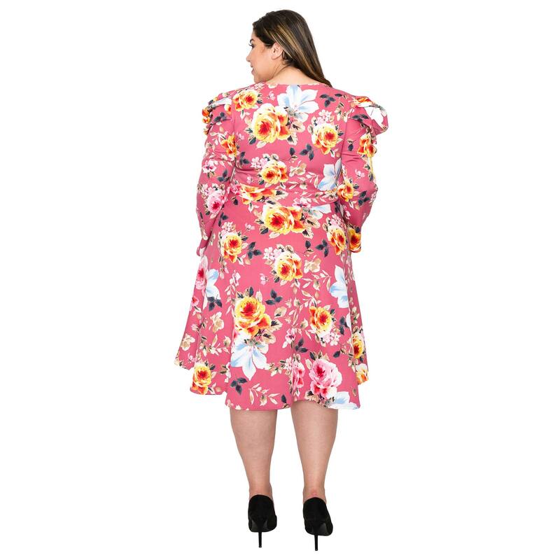 L I V D Women's Plus Size Floral Statement Sleeve Flare Dress