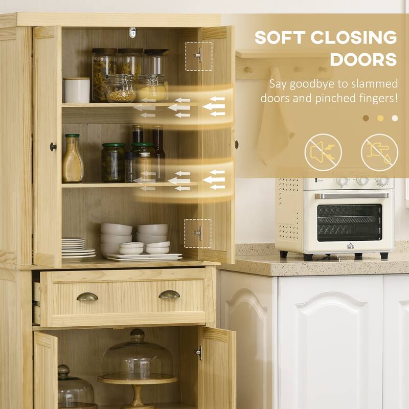HOMCOM 72" Pinewood Large Kitchen Pantry Storage Cabinet, Freestanding Cabinet with Shelf Adjustability, Soft-Close Mechanism
