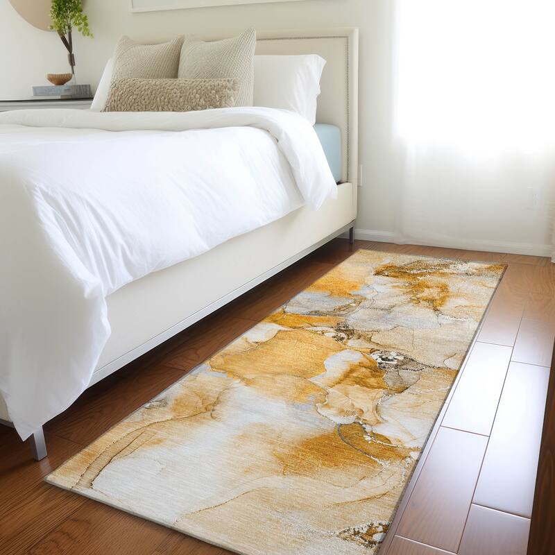 Machine Washable Indoor/ Outdoor Abstract Watercolor Chantille Rug - 2'3" x 7'6" - Orange