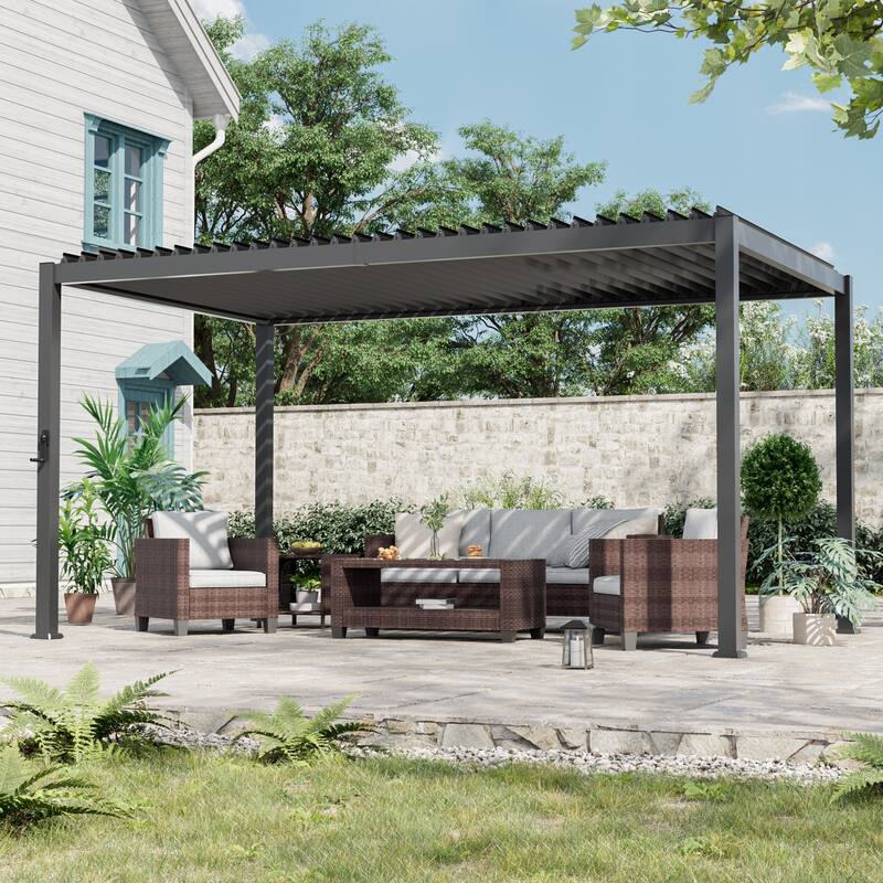 Patio Louvered Pergola with Adjustable Roof, Aluminum Steel Pergola - 9' x 14' - Grey