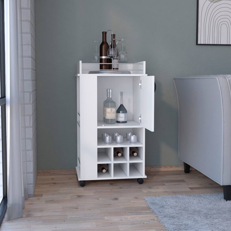 Rolling Bar Cart with 6 Wine Rack, White Finish, Pre-Drilled Holes & Easy Assembly for Home Use