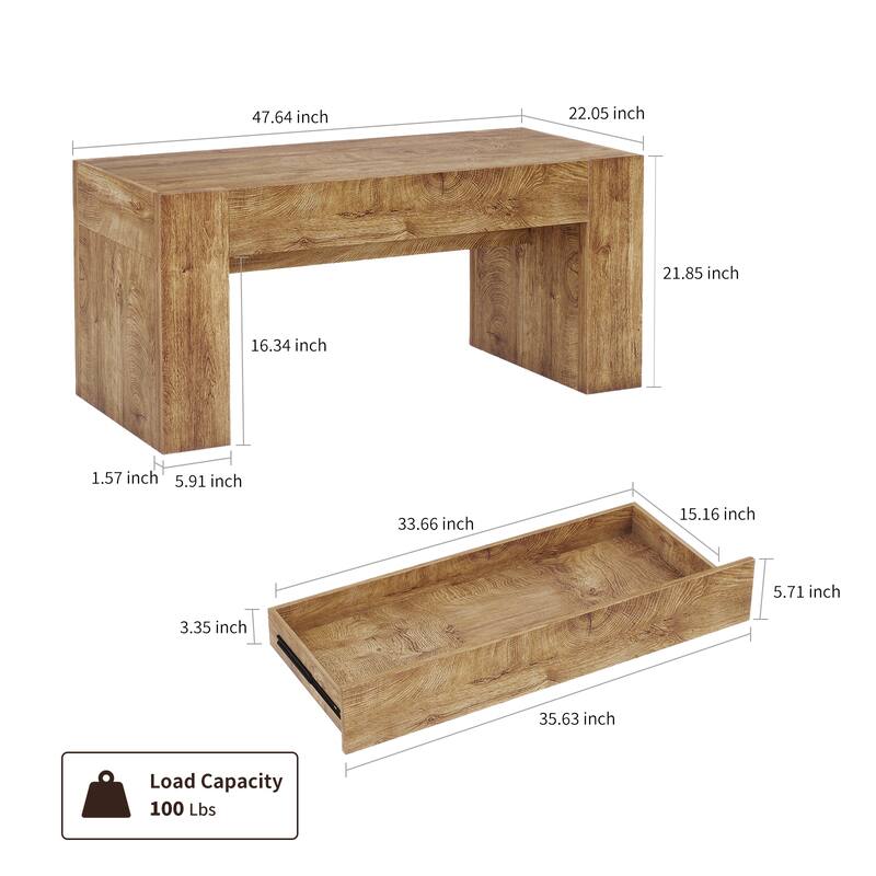 48" Farmhouse Coffee Table, Rectangle Wooden Center Table with Hidden Storage Drawer, Thick Coffee Tables for Living Room