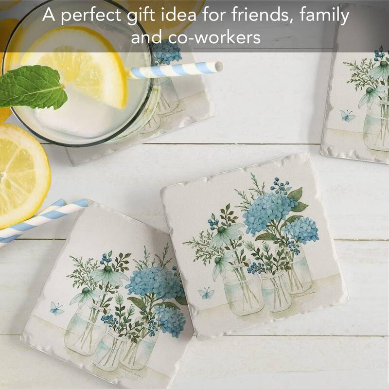 Mason Jars & Florals 4 Pack Absorbent Stone Coasters with Protective Cork Backing Made in The USA Square Absorbent Wipes Clean