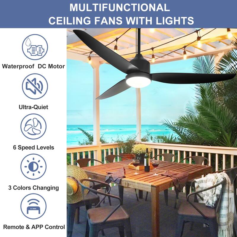 Outdoor Ceiling Fan with Light: 42-52 Inch Hanging - Plug in Waterproof Fans for Patio - Dimmable Remote App Control Black