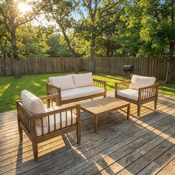 slide 2 of 38, Christopher Knight Home Darla 4 Piece Outdoor Sleek Acacia Wood Seating Set with Water-Resistant Cushion Light Brown + Beige cushion