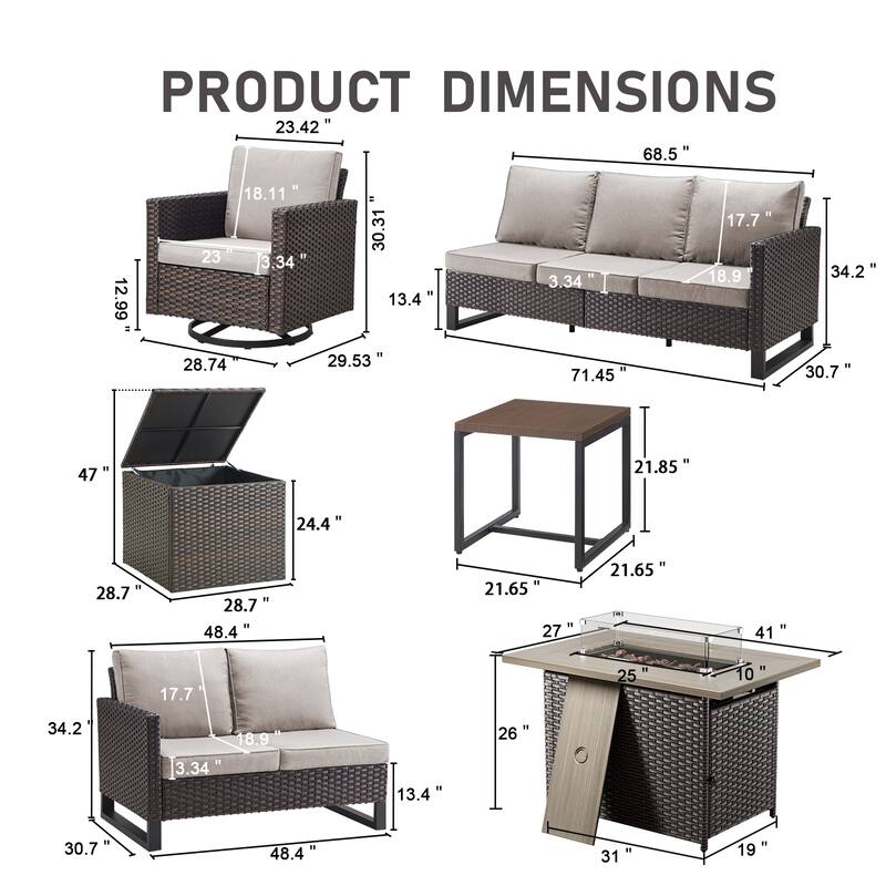 Gymojoy 7 Piece All-Weather Wicker Outdoor Patio Family Conversation Set Group With Fire Pit Table