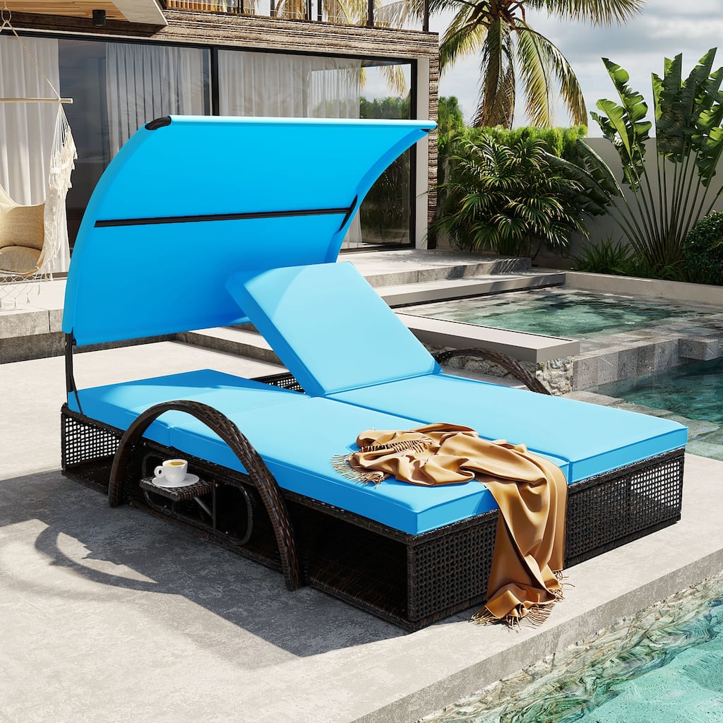 Outdoor Steel Frame Sun Lounger with Adjustable Backrest,Patio Double Sunbed with Hidden Side Table and Arched Armrests