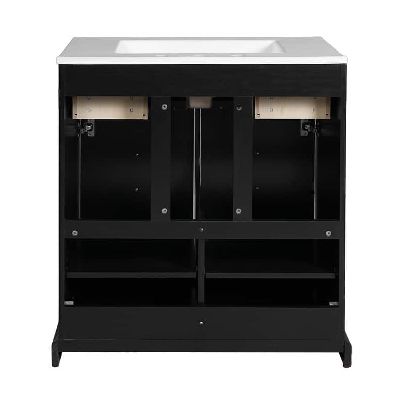 Freestanding Bathroom Vanity Set with Ceramic Sink – Solid Wood Storage Cabinet Featuring 2 Soft-Close Drawers in Black