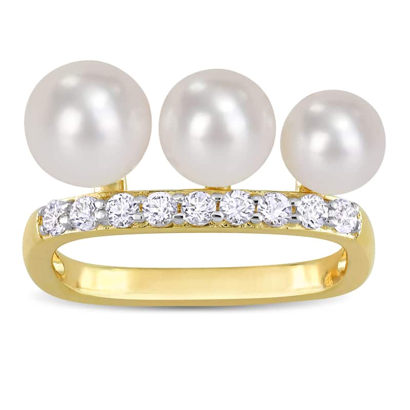Miadora Cultured Freshwater Pearl & 3/8ct TGW White Topaz Ring Yellow Silver