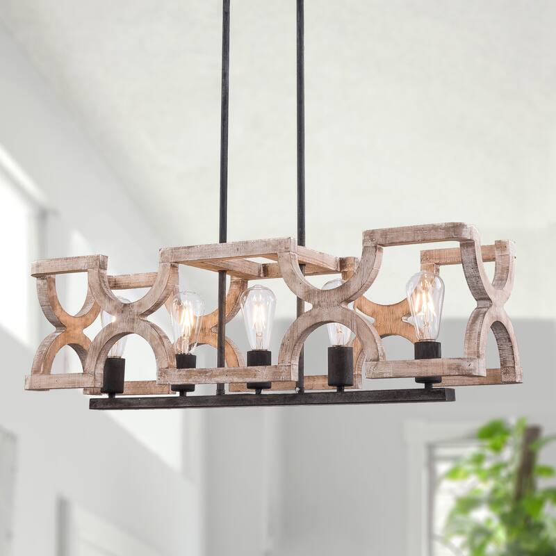 5-Light Coastal Distressed Wood Chandelier Farmhouse Adjustable Kitchen Island Pendant Light - 20" X 31"/20" X 32"