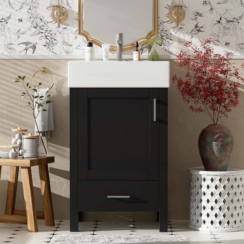 Minimalist Bathroom Vanity with Ceramic Sink,Wood Frame,and Drawer - Ideal for Small Bathrooms - Black