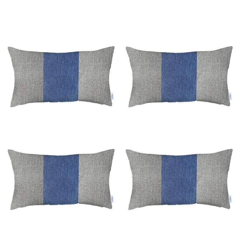 HomeRoots Set Of Four 20" X 12" Grey And Blue Geometric Zippered Handmade Polyester Lumbar Pillow